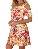 Tanst Sky Sun Dresses for Women Casual Juniors Petite Cold Shoulder Floral Dress Summer Cute Sundress Hawaiian Beach Resort Wear Tropical Vacation Clothes Multicolor S