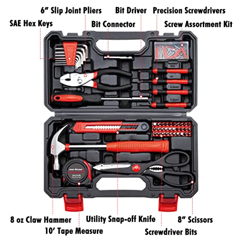 Cartman Tool Set General Household Hand Tool Kit With Plastic Toolbox Storage Case Red & Black #TOP1