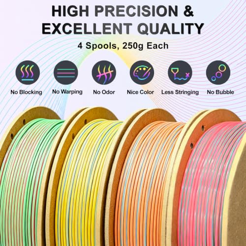 Image of Shiny Tricolor Silk PLA+ 3D Filament Bundle, Shiny Silk PLA+ Filament 1.75mm Fits Most 3D Printers, Smooth Multicolor Change, Multicolor PLA+ Filament for Decorations, 4 Spools 250g Each