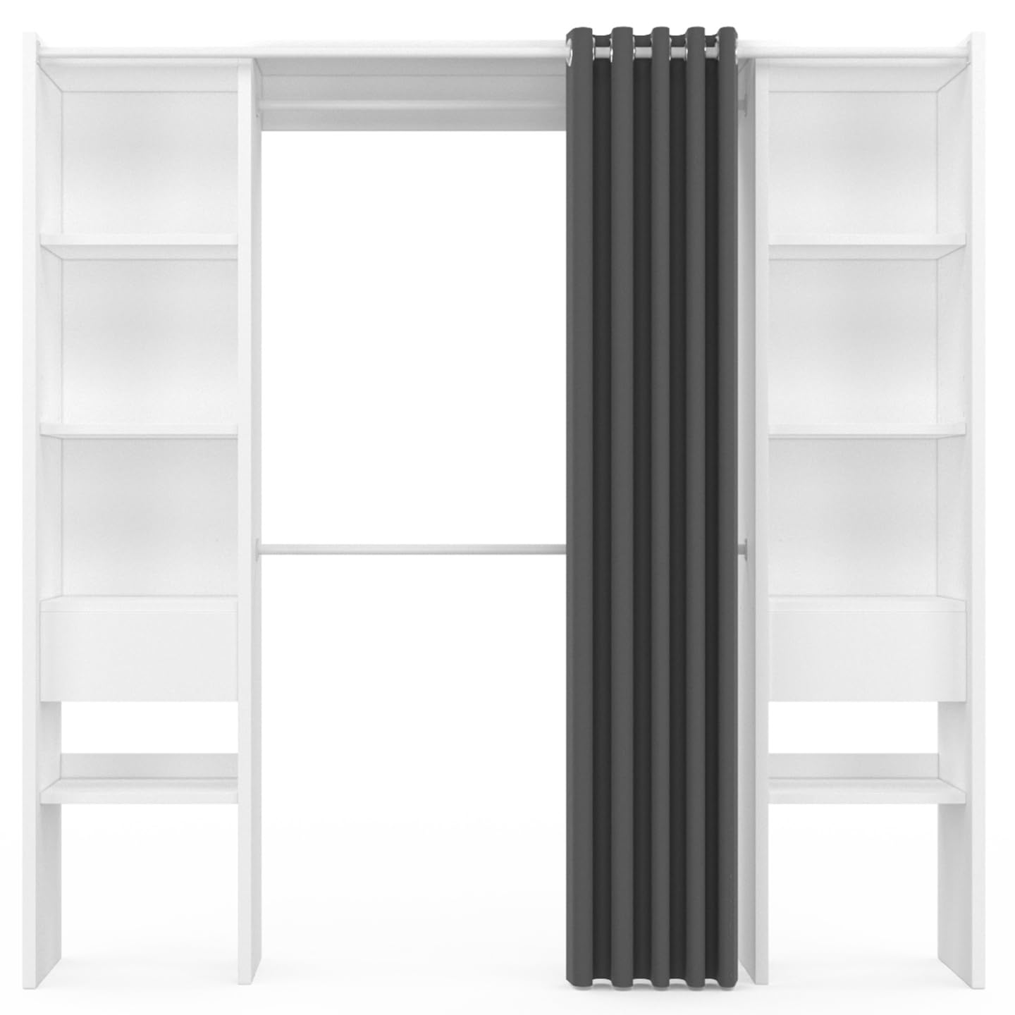 IDMarket - Dressing extensible double MERYL 120/180 x 50 x 180 cm blanc avec étagères + double penderie + rideau gris
