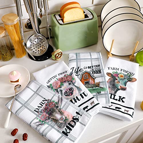 Mixweer Set Of 4 Funny Farm Animal Kitchen Towels Floral Crown Cow Dish Towels Watercolor Farmhouse Goat Pig Print Dish Towel Absorbent Hand Towels For Housewarming Gift 15.75 X 23.62 In #TOP6
