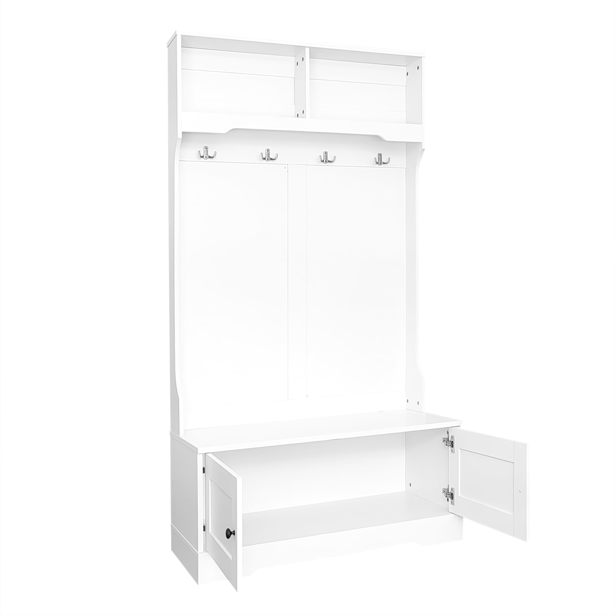 Armario de entrada blanco de 101,5 x 183 cm con espacio de almacenamiento en la parte inferior del asiento con 4 ganchos para colgar y 2 compartimentos en la parte superior para almacenamiento abierto