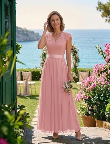 Image of Dressystar Women's V Neck Sleeveless Lace Bridesmaid Dress Wedding Party Gown