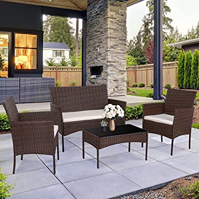 SuperGift.com 4 Seater Rattan Garden Furniture Set Patio Outdoor Furniture Set Indoor and Outdoor (Brown)