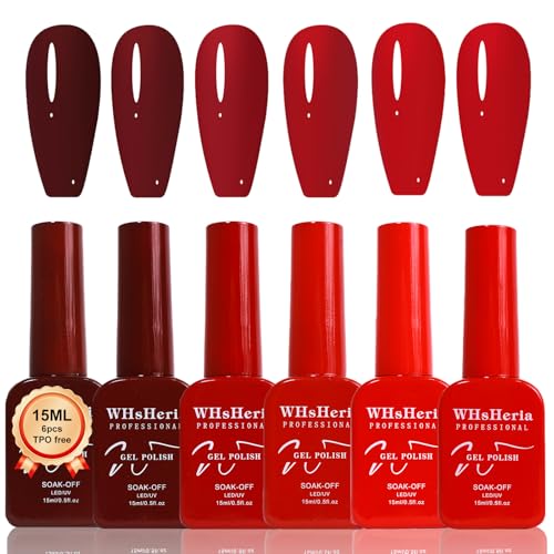 WHsHeria Red Gel Nail Polish Set – 6 Colors 15ML Classic Dark Red Deep Red Burgundy Soak Off UV LED Gel Polish Kit for All-Season Nail Art Manicure Salon DIY at Home for Women E gift