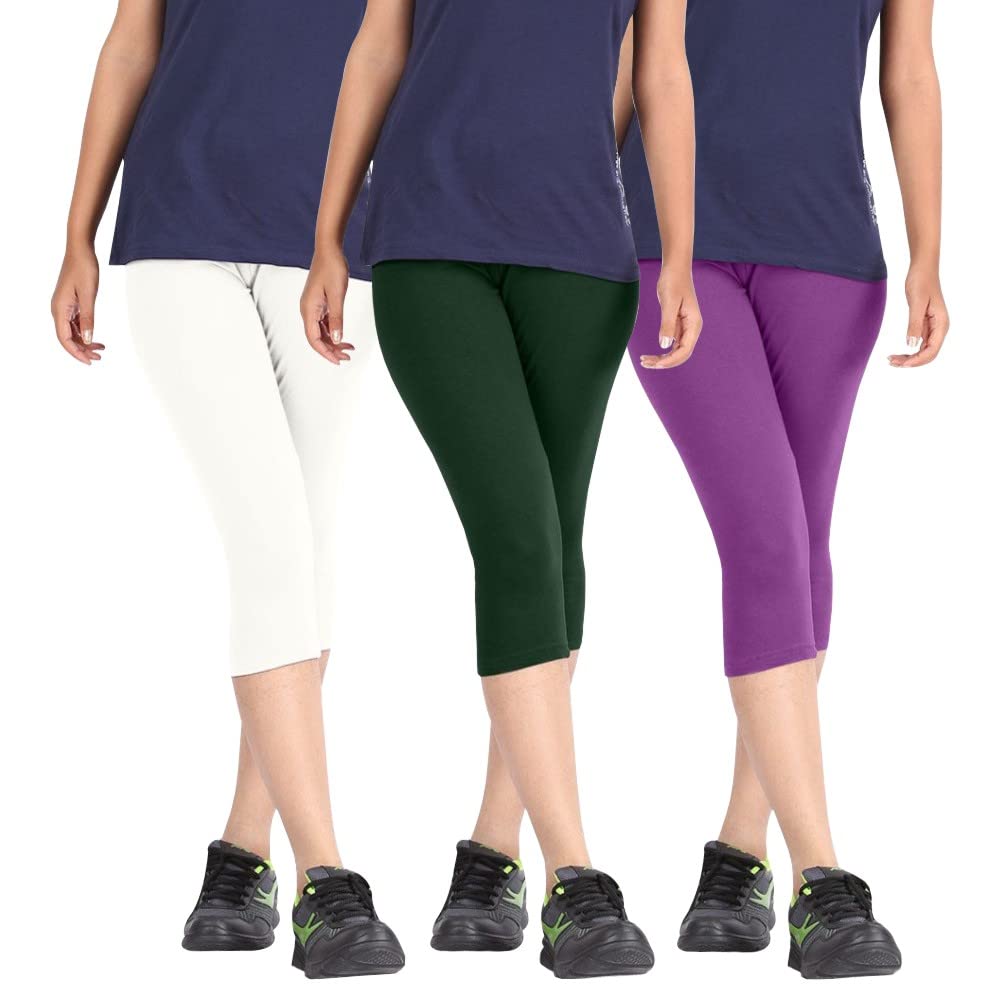 Biowashed Cotton Stretchable Capri Legging Combo Pack of 3 for Women/Girls/Ladies (White, Dark Green and Purple) - Free Size-picture-55
