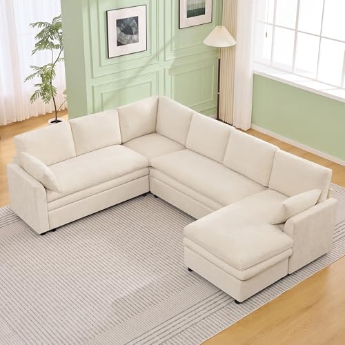 Image of 110 inch Sectional Couches with Right Chaise, Comfy Deep Dual-Layer Cushion Couch, 7 Seater U Shaped Couch, Modern Modular Sofa, Chenille Sofas for Living Room, Apartment, Beige