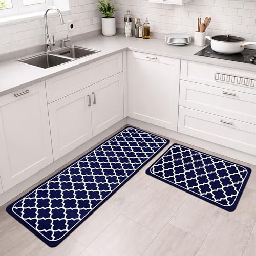 Image of Luxe Home Kitchen Mat Combo Quatrefoil Design Standing Desk Floor Mat Non Slip Kitchen Rugs, Comfort Runner Floor for Home Office, Sink & Laundry - Blue (116x36 & 58x36 cm PC-2)