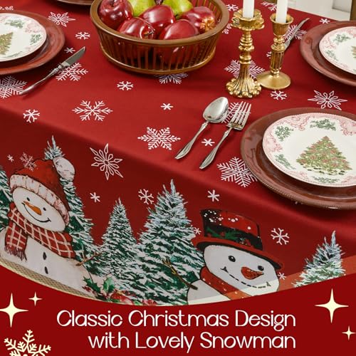 Romanstile Red Christmas Tablecloth, Printed Winter Snowman and Xmas Tree Design Rectangle Table Cloths, Holiday Decorative Stain-Resistant Table Covers for Dining Room Party Decor - 60 x 84 Inch – Image 4