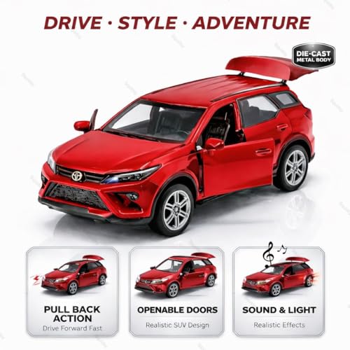 Image of 1:36 Scale Fortuner Toy Car - Toyota Die-Cast Mini Metal Pull Back SUV with Openable Doors, Lights & Music - Alloy Model Vehicle for Kids, Boys & Collectors【Red】