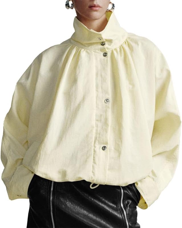 URBAN REVIVO Women's Oversized Coat Jacket, Lightweight Yellow Trench with High Neck