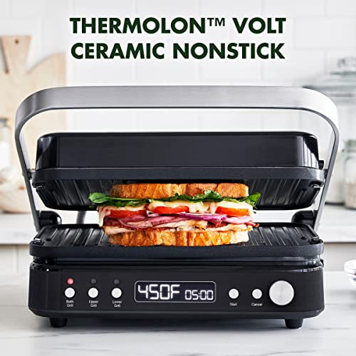 Greenpan 6-In-1 Multi-Function Contact Grill & Griddle, Healthy Ceramic Nonstick Aluminum, Two Sets Of Grill & Waffle Plates, Adjustable Shade & Shear, Closed Press/Open Flat Surface, Matte Black #TOP2