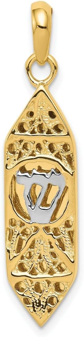 Gold Judaica 14K Yellow Gold w/White Rhodium Mezuzah W/Shin Charm