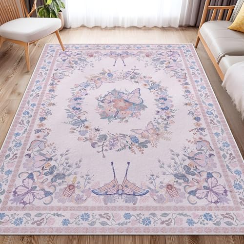 Teppich Wohnzimmer Waschbarer, Blumen Kurzflor Teppich Schlafzimmer, Vintage Chic Weicher Kurzflor Carpet mit Rutschfester Rückseite Design für Wohnzimmer, Esszimmer, Büro Bereich Dekor Rosa 120X160cm Teppich Wohnzimmer Waschbarer, Blumen Kurzflor Teppich Schlafzimmer, Vintage Chic Weicher Kurzflor Carpet mit Rutschfester Rückseite Design für Wohnzimmer, Esszimmer, Büro Bereich Dekor Rosa 120X160cm