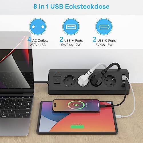 Ecksteckdose mit 2 USB und 2 Type-C, 4 Fach Mehrfachsteckdose mit Schalter, Steckdosenleiste Überspannungsschutz mit 2M Kabel für Küche (Schwarz) 2