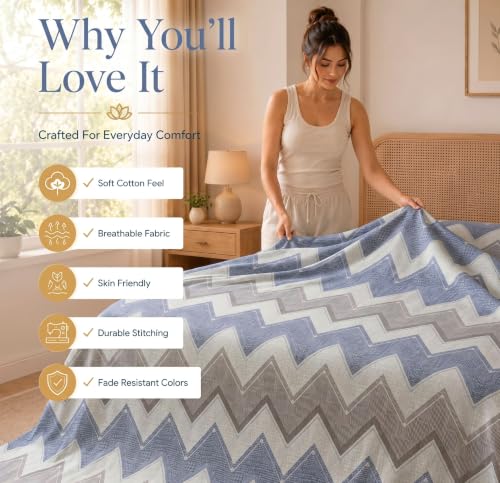 Image of HOMEKART Glace Cotton 160 TC Football Zigzag Double Bedsheet with 2 King Size Pillow Covers | Soft & Durable | 86 x 88Inches (Sky Blue & Grey)