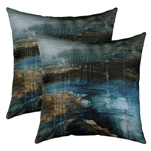 Modern Abstract Throw Pillow Covers 20"x20" Set of 2 Soft Messy Teal Black and Blue Pillow Cases Cushion Covers For Living Room Bedroom Abstract Art Decorative Throw Pillowcases for Sofa Chair