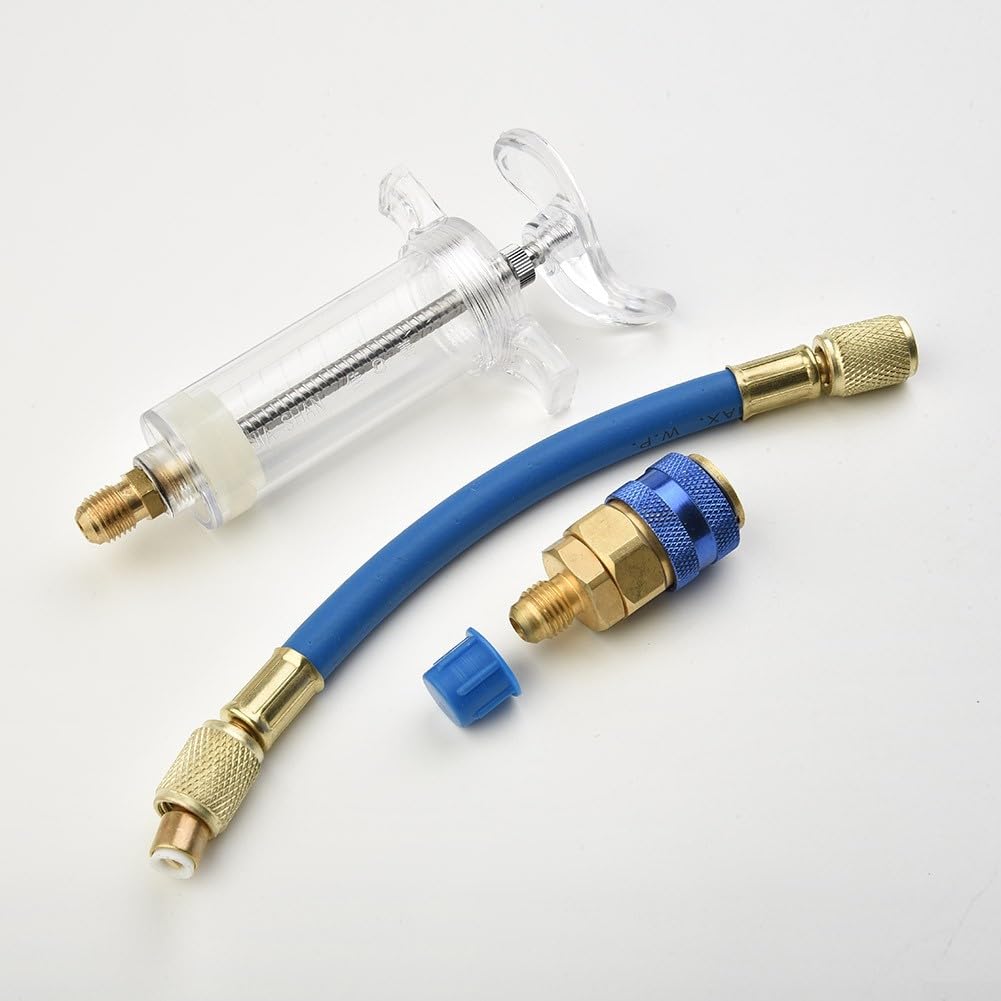 1 Stück A/C Öl und Farbstoff Injektor 30ML Mit R-134a Snap Schnellkupplung 1/4 Zoll SAE für Handdrehpumpe Öleinspritzung Auto Klimaanlage A/C Adapter