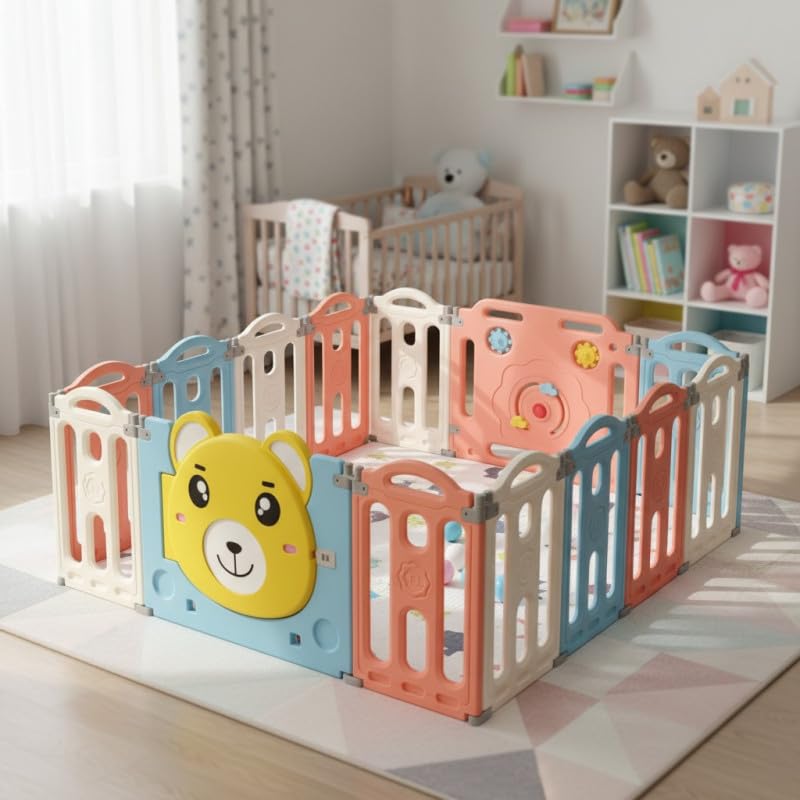 Parc Bébé Plastique PL38-colour, 148x148cm Parc de Jeu Multicolore et Pliable avec 12 Panneaux, Activités & Porte, Barrière de Sécurité Enfant Intérieur Extérieur, Unisexe