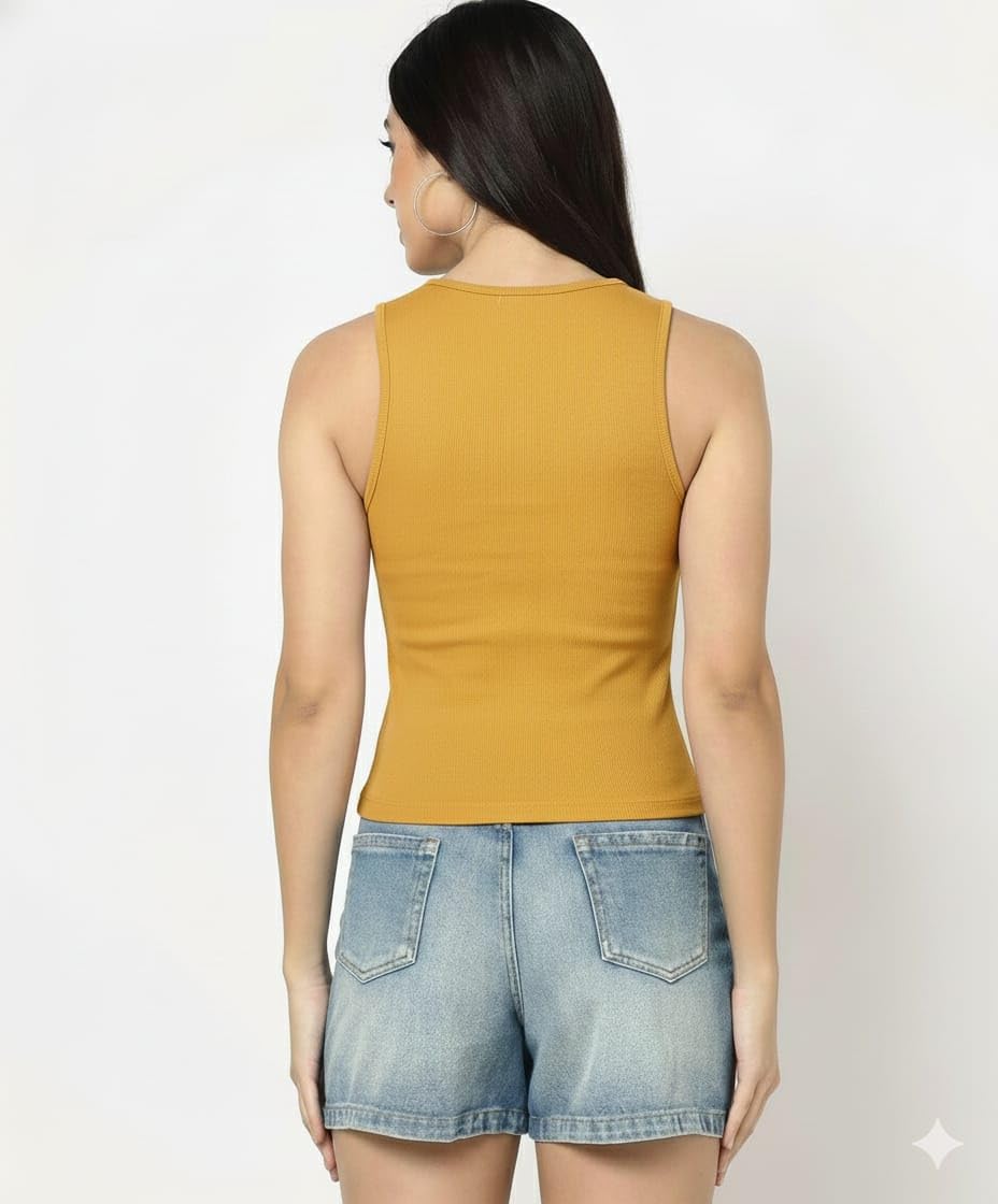 DS Divisha Women’s Ribbed Sleeveless Tank Top – Cotton Stretch Slim Fit Round Neck Fitted Vest, Casual Top for Gym, Yoga, Lounge & Summer Outfit (in, Alpha, L, Yellow) 1