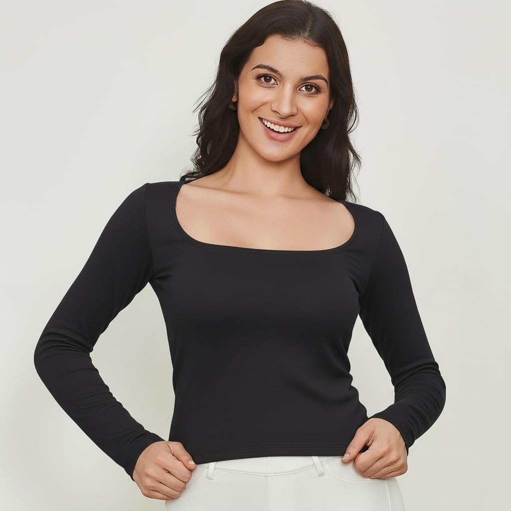 Women's Square Neck Long Sleeve Top : Cotton Flattering Blouse for Fitted Casual Sport Shirt Wear