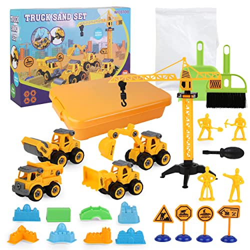 Wicotoo W001 Sand Construction Kit,Sandbox,2.2Lbs Magic Sand W/4 Take Apart Construction Trucks,Tower Crane,8 Sand Molds,4 Worker Figures,4 Road Signs,Toys thumb #5