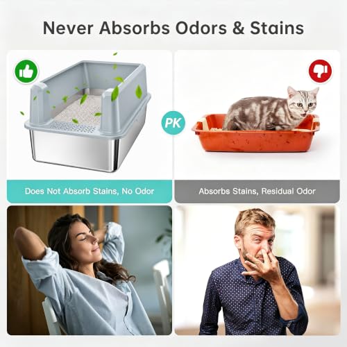 Image of WoofiGo Stainless Steel Cat Litter Box with Lid, XL Extra Large Metal Kitty Litter Box Enclosed for Big Cats, High Sided, Anti-Urine Leakage, Non-Stick Bottom, Include Litter Mat & Metal Scoop (Gray)