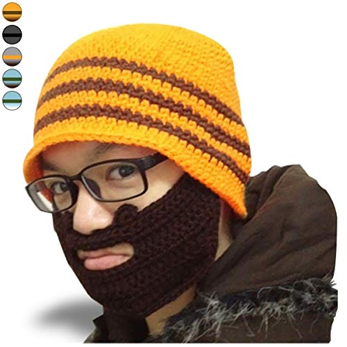TotalCadeau Bonnet à Barbe rayé Jaune et Gris, Barbe Marron Cover