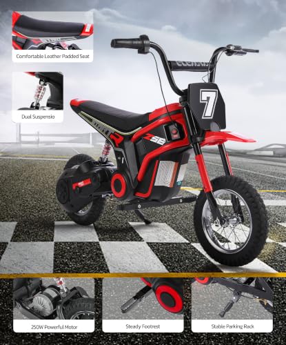 Image of ELEMARA Electric Dirt Bike,350W Motorcycle 24V Ride on Toy for Big Kids w /LED Power Display,15.5 mph & 150lb Max,3 Speeds,Chain-Driven Motor,Twist-Grip Throttle & Brake Lever,12 inch Air-Filled Tires-Red