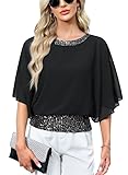For G and PL Women Summer Sequin Sparkle Dolman Sleeve Shirt Evening Crew Neck Sparkly Tunic Black M