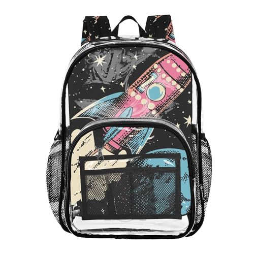 Retro Vintage Rockets Space Kid Clear Backpack Clear Bookbag For Adults Transparent PVC Back Pack