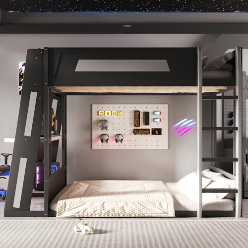 Image of GDFStudio Queen Over Queen Bunk Bed Frame with Desk, USB and LED Light, Solid Wood Gaming Bunk Bed Queen Size with Storage Shelves, High Loft Bed Queen Size with Under Entertainment Space, Black+Grey