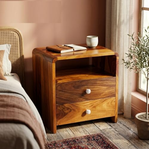 Image of Sheesham Wood Bed Side Table with 2 Drawer and Shelf Storage Wooden Nightstand End Table for Bedroom Home (Brown Finish) Already Assembled