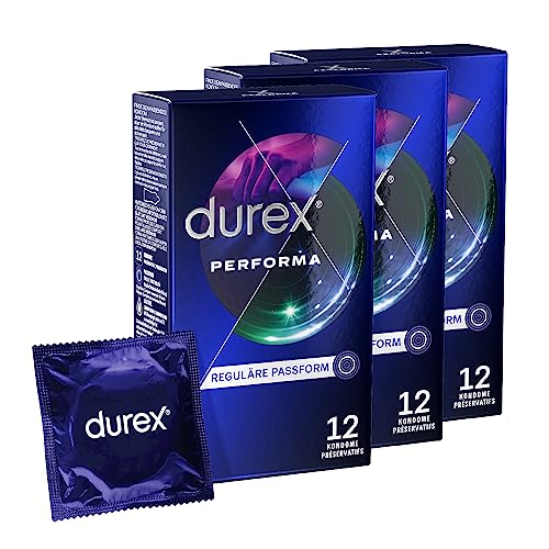 Durex Performa Kondome Angenehmen Geruch komfortablen Sitz und leichtes Abrollen Mit 5% benzocainhaltigem Gel in der Kondomspitze Befeuchtet & transparent 36er Pack (3 x 12 Stück)