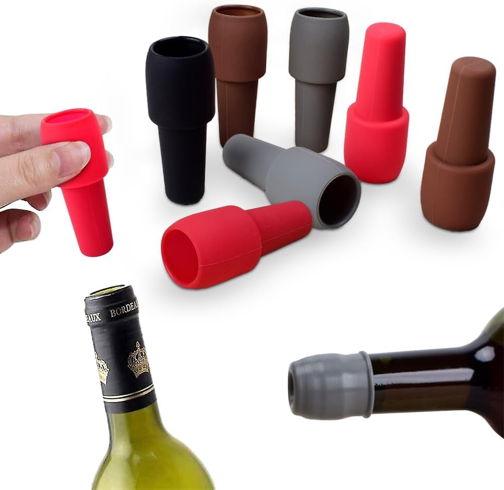 8 Tapones De Silicona Para Botellas De Vino – Reutilizables, Doble Sellado, Con Asa, 4 Colores