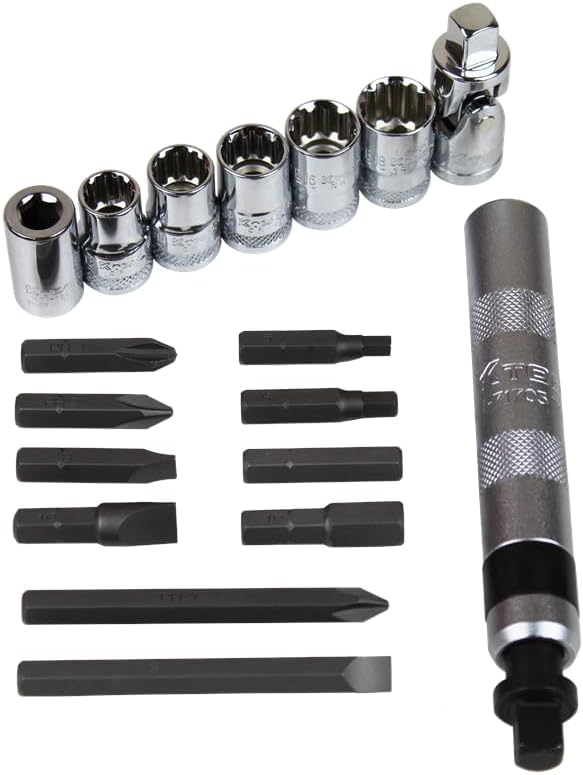 K Tool International 71717 3/8" Drive Impact Driver Set with Multi-Function Sockets for Garages, Repair Shops and DIY, Reversible, High Torque, Chrome Vanadium Steel, Molded Case, 18 Piece