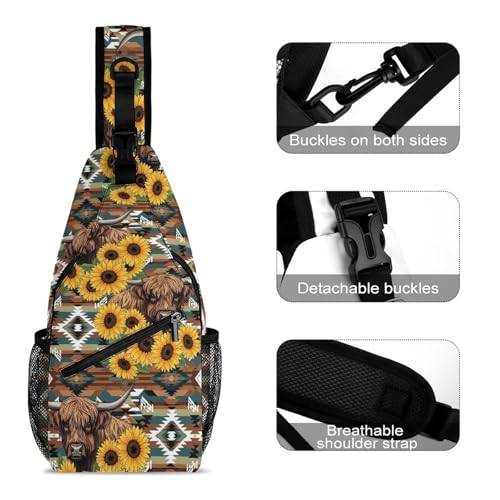 Lightweight Chest Shoulder Backpack, Chest Bag, Fashion Day Pack For Women And Men Native Aztec Sunflower Cattle Highland Cow3