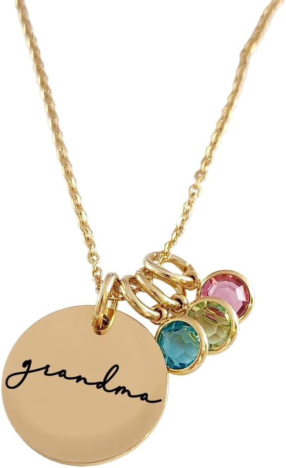 Personalized Gift Custom Gold Disc Mom Necklace Grandma Gifts Birthstone Necklace for Mom Mama Nana Gigi Mimi Birthday Gift Anniversary