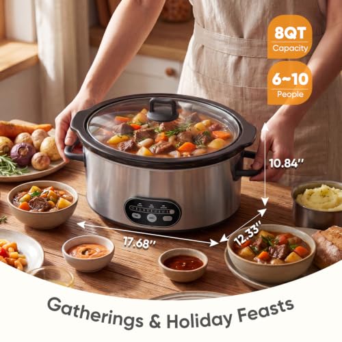Image of NEWBULIG Slow Cooker 8 Quart, Large Slow Cooker, Ceramic Nonstick Coating, 3 Adjustable Temp Multi Cookers with Dishwasher Safe Stoneware Pot & Tempered Glass Lid, 35in Tangle Free Cord Wrap, Silver