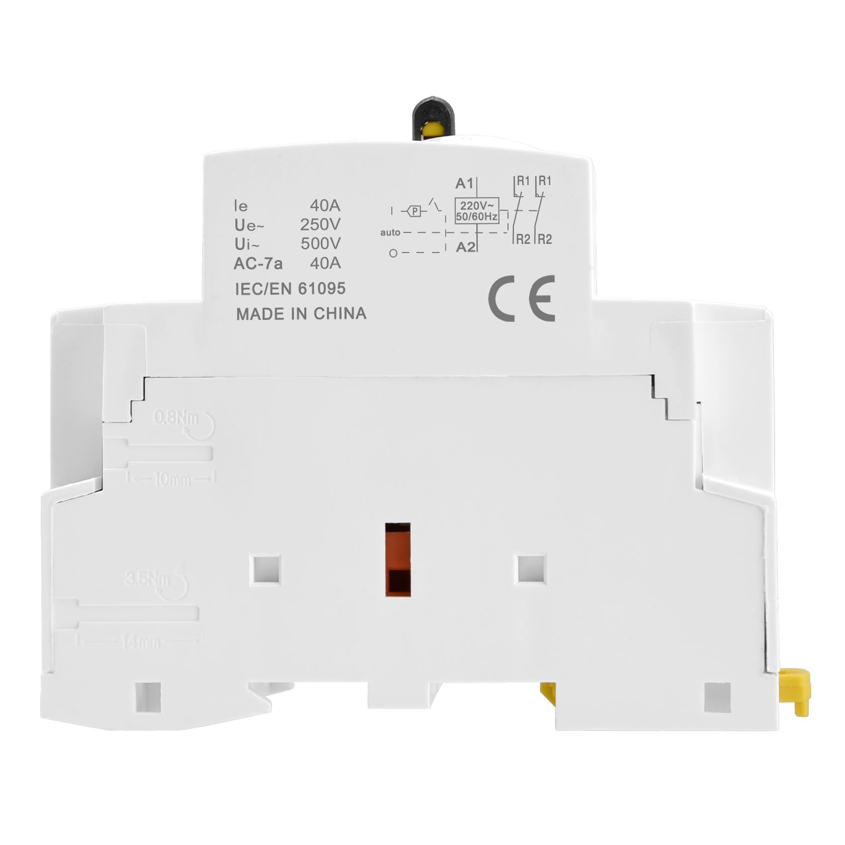 Produktbild von Heschen HSR1-40M/02 Haushalts-Schütz – 40A, 2NC, 220V AC Spule, DIN-Schiene, Mit Handschalter