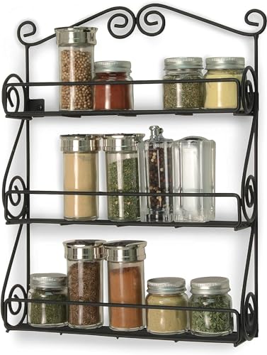 FitWell Scroll Wall Mount Spice Rack, 3-Tier, Traditional Spice Rack Cabinet & Kitchen, Beauty & Nail Polish Organizer for Bathroom, Scroll Wall-Mounted (Black)