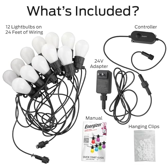 Energizer Smart RGBW+IC Outdoor String Lights, 24ft, 12 Multi-Color & White Sound Reactive LED Bulbs, IP65 Water & Weather Resistant, Voice Control with Alexa, Google, Siri, Grouping, Scheduling