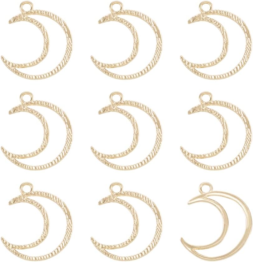 Mega Pet 100Pcs Moon Alloy Charms Open Back Bezel Charms Epoxy Resin Casting Pressed Flower Pendants Light Gold Plated Hollow Frame Resin Mold for DIY Dangle Earring Necklace Bracelet Jewelry Making