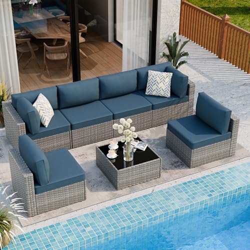 Shintenchi 7 Pieces Outdoor Patio Furniture Sets, Patio Sectional Sofa Couch, Silver Gray PE Wicker Furniture Modular Patio Conversation Sets Patio Sofa with Washable Cushions (Aegean Blue) - Image 6
