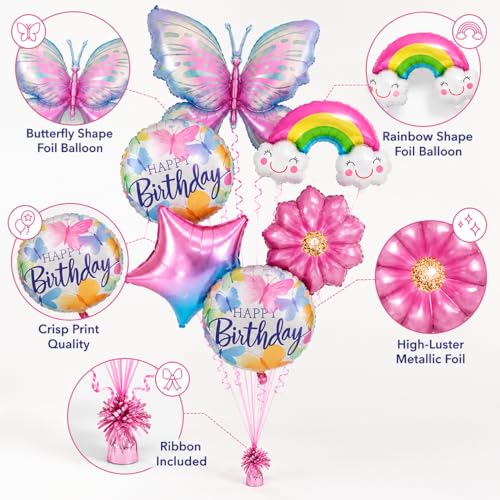 Image of AMFIN (Pack of 8) Butterfly Theme Birthday Balloon Bouquet Pink Blue Metallic Finish Foil Women Girls Decoration Item Kit Rainbow Flower