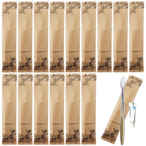 Juego de 20 cepillos de dientes desechables de lujo envueltos individualmente, ecológicos, con pasta de dientes; paquete de artículos de tocador higiénicos para invitados, kit de cepillos de dientes