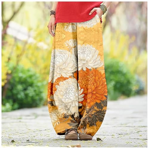 Womens Japanese Art Print Baggy Cotton Linen Pants Elastic Waist Wide Leg Flowy Boho Lounge Pants with Pockets3