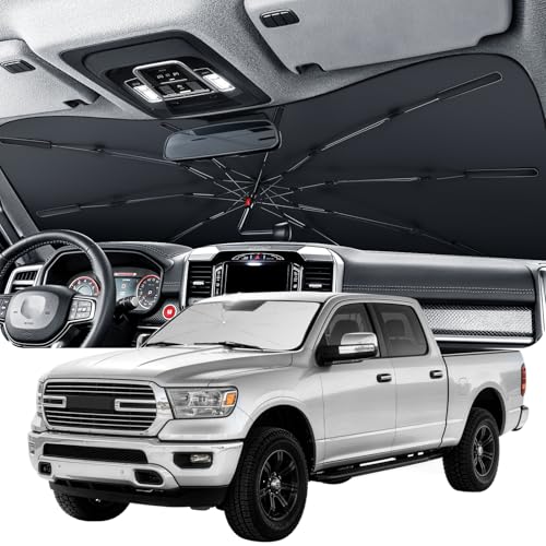Zanch 2026 Upgraded Windshield Sun Shade Umbrella: Custom Fit for Dodge RAM 1500 2500 3500 2019-2026 Front Window Sunshade Block UV Rays & Keep Car Cool 1:1 Scan for RAM 1500 No Gaps & No Scratches