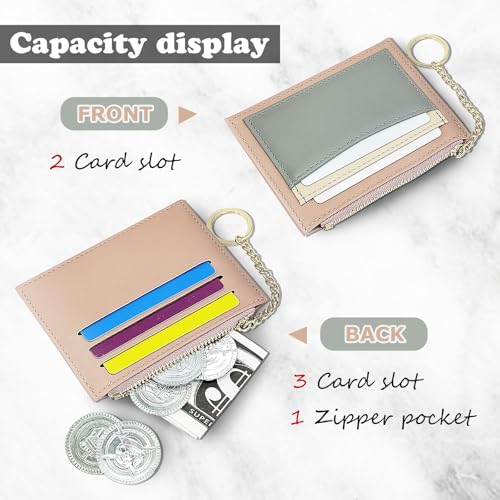 Credit Card Holder Wallet for Women, PU Leather Minimalist Wallet with Key Ring 4 Card Slots 1 Zipper Pocket (Pink and Grey)4