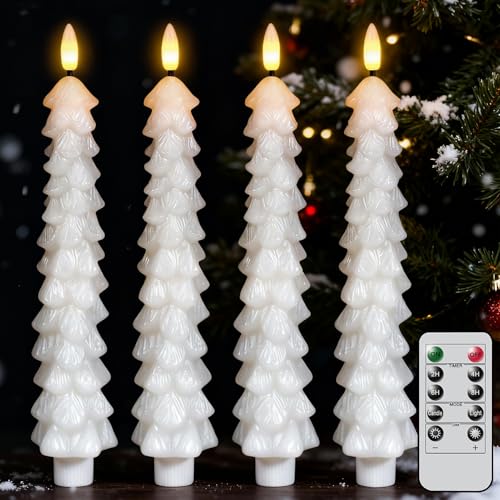 Image of Christmas Tree Candles with Remote Timer, 4 Pcs Waxy Flameless Taper Candles Flickering, Battery Operated LED Candlesticks with 3D Flame Wick, White Window Candle for Christmas Decorations